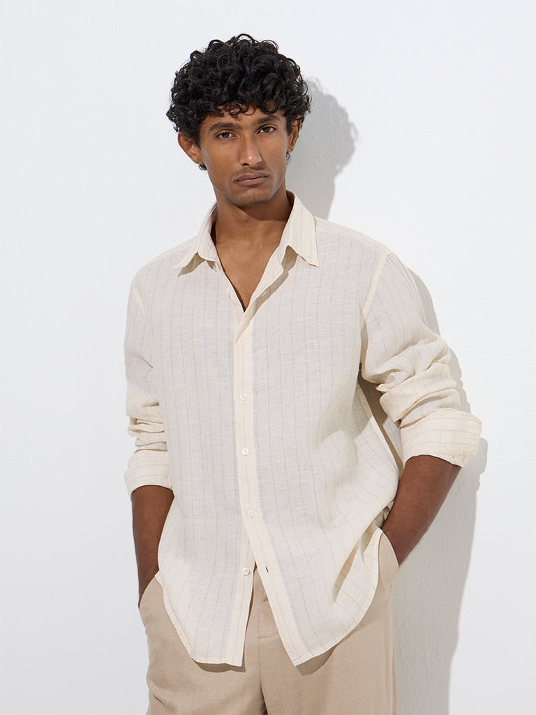 Westside Ascot Men's Light Yellow Striped Relaxed-Fit Linen Shirt for Casual Wear Front View