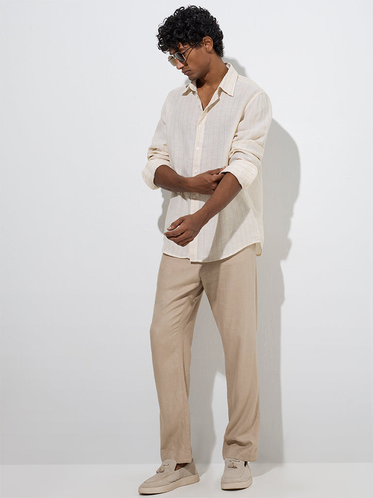 Westside Ascot Men's Light Yellow Striped Relaxed-Fit Linen Shirt for Casual Wear Full Model View
