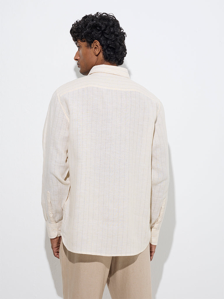 Westside Ascot Men's Light Yellow Striped Relaxed-Fit Linen Shirt for Casual Wear Back View