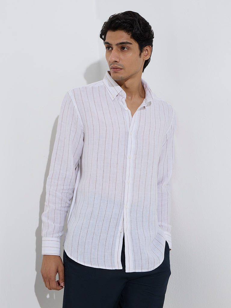 Westside Ascot Men's White Stripe Printed Relaxed-Fit Linen Shirt for Casual Wear Front View