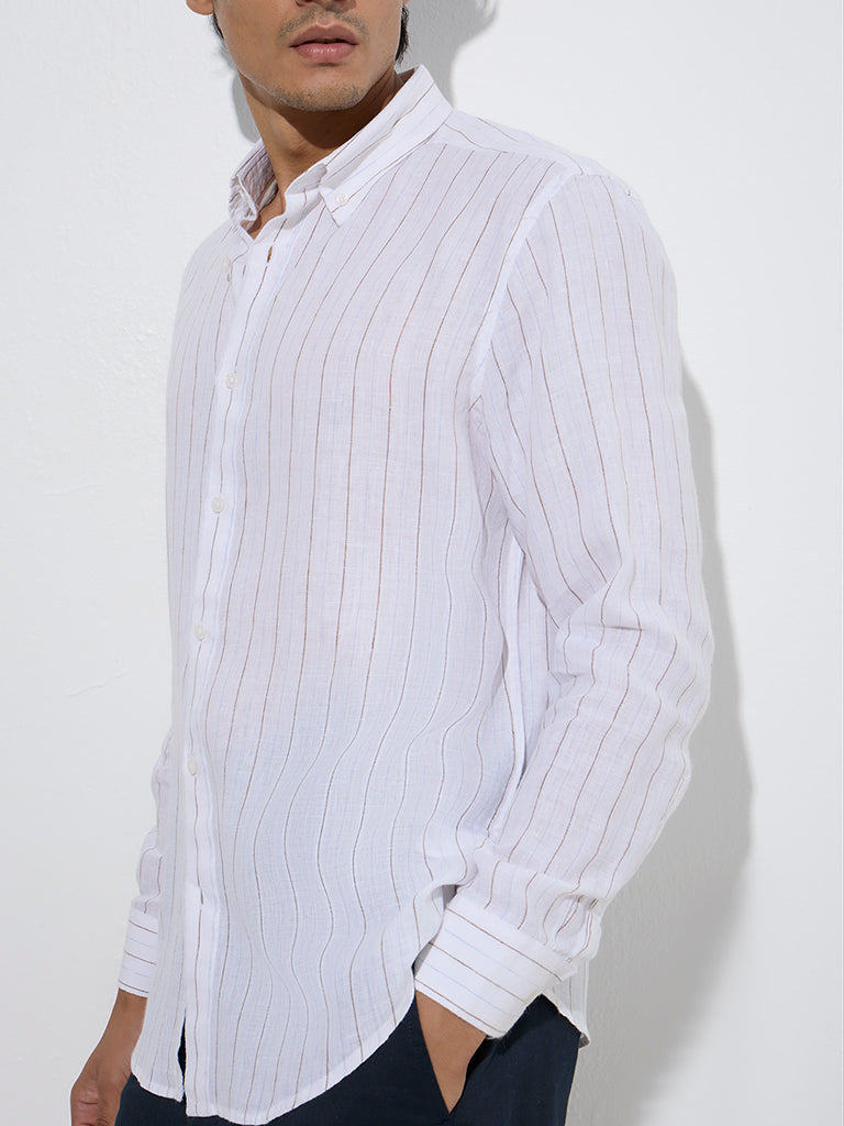 Westside Ascot Men's White Stripe Printed Relaxed-Fit Linen Shirt for Casual Wear Zoom View