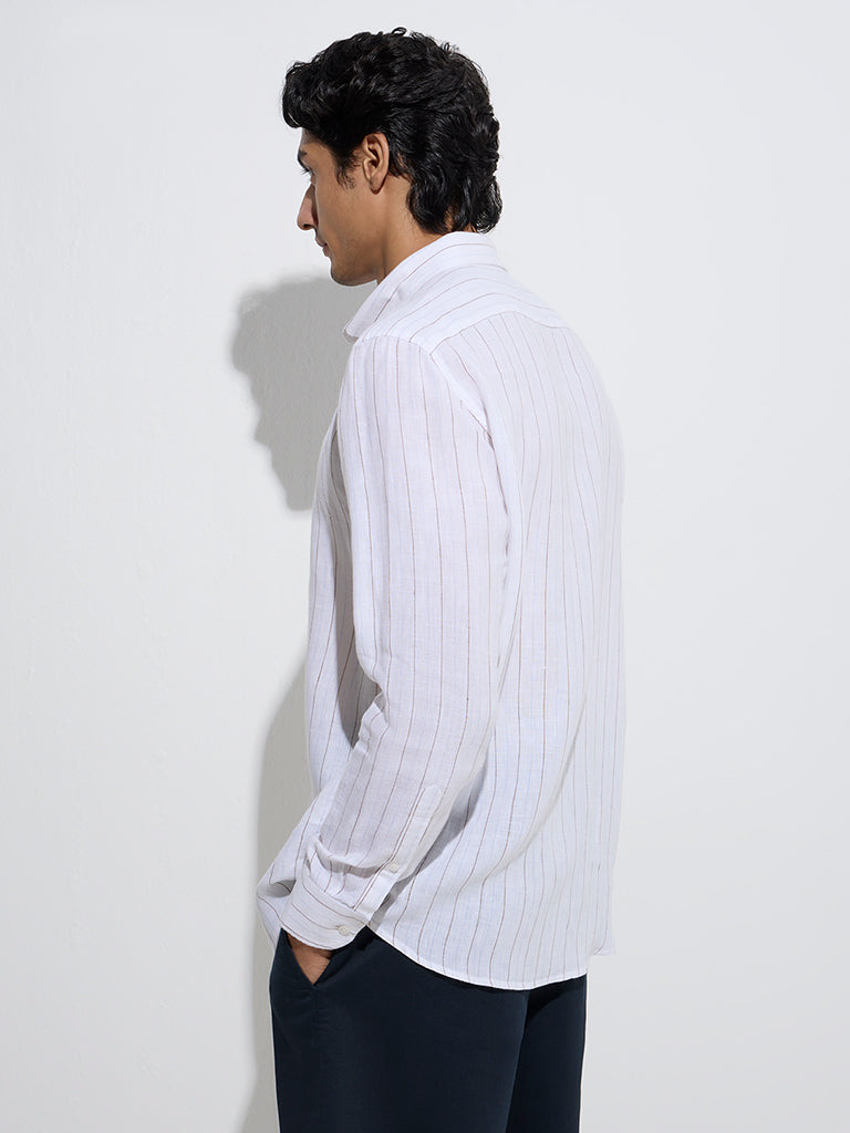 Westside Ascot Men's White Stripe Printed Relaxed-Fit Linen Shirt for Casual Wear Back View