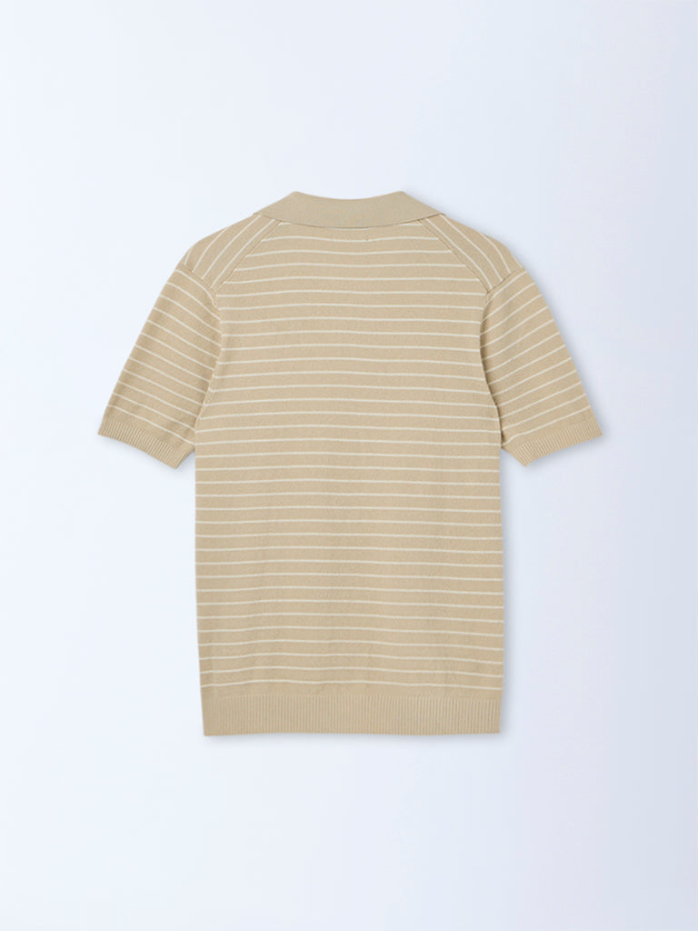 Ascot Beige Striped Relaxed-Fit Cotton-Blend T-Shirt
