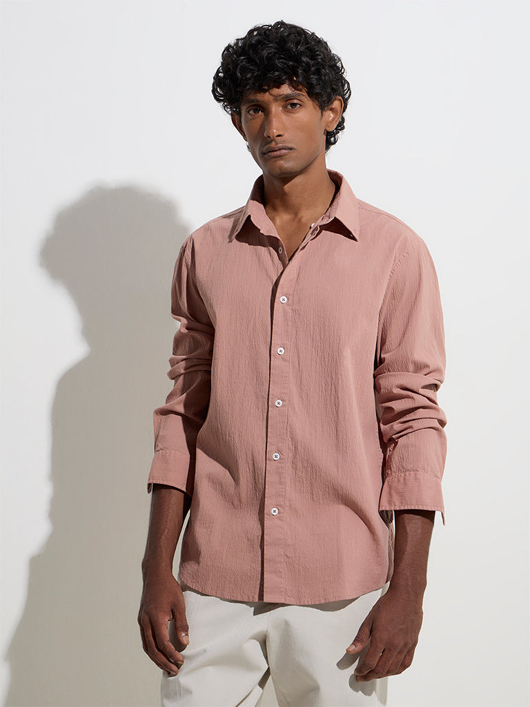 westisde Ascot Men's Dusty Pink Textured Relaxed-Fit Cotton-Blend Shirt for Casual Wear Front View