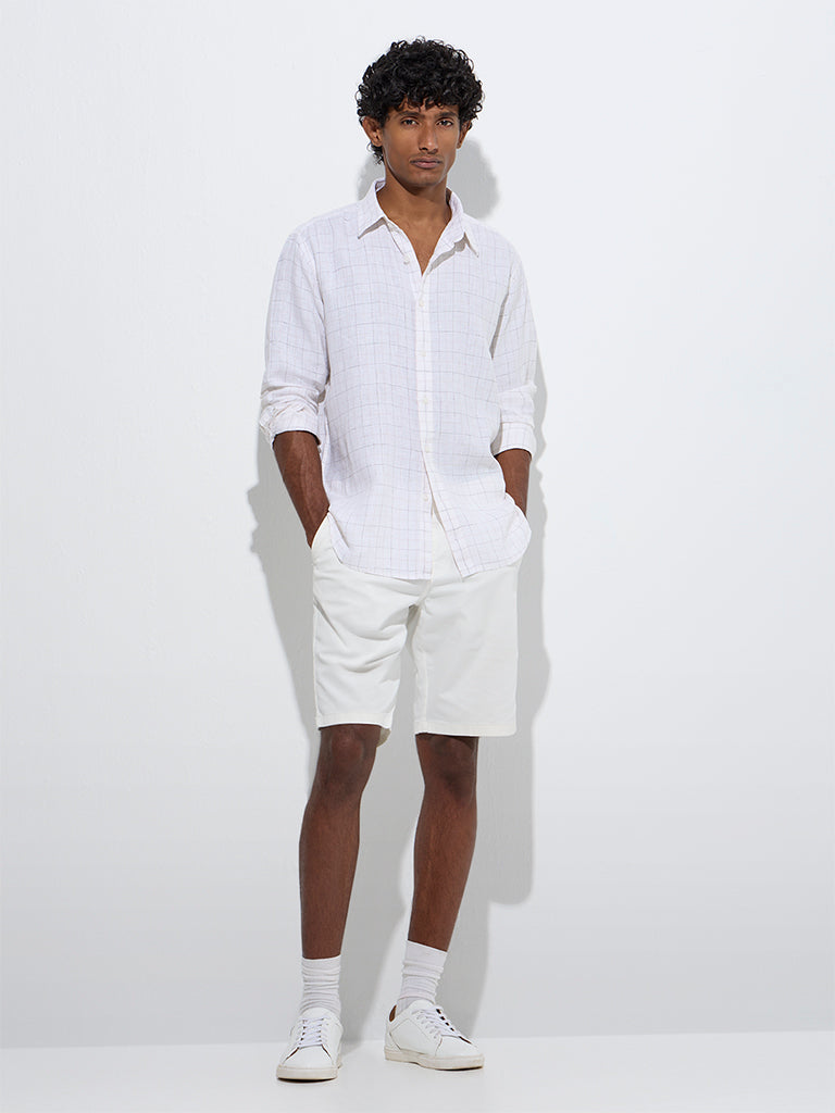 westisde Ascot Men's Off-White Checks Printed Relaxed-Fit Linen Shirt for Casual Wear Full Model View