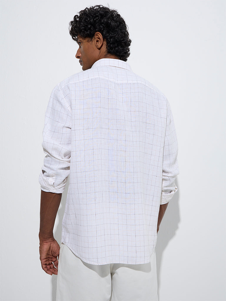westisde Ascot Men's Off-White Checks Printed Relaxed-Fit Linen Shirt for Casual Wear Back View