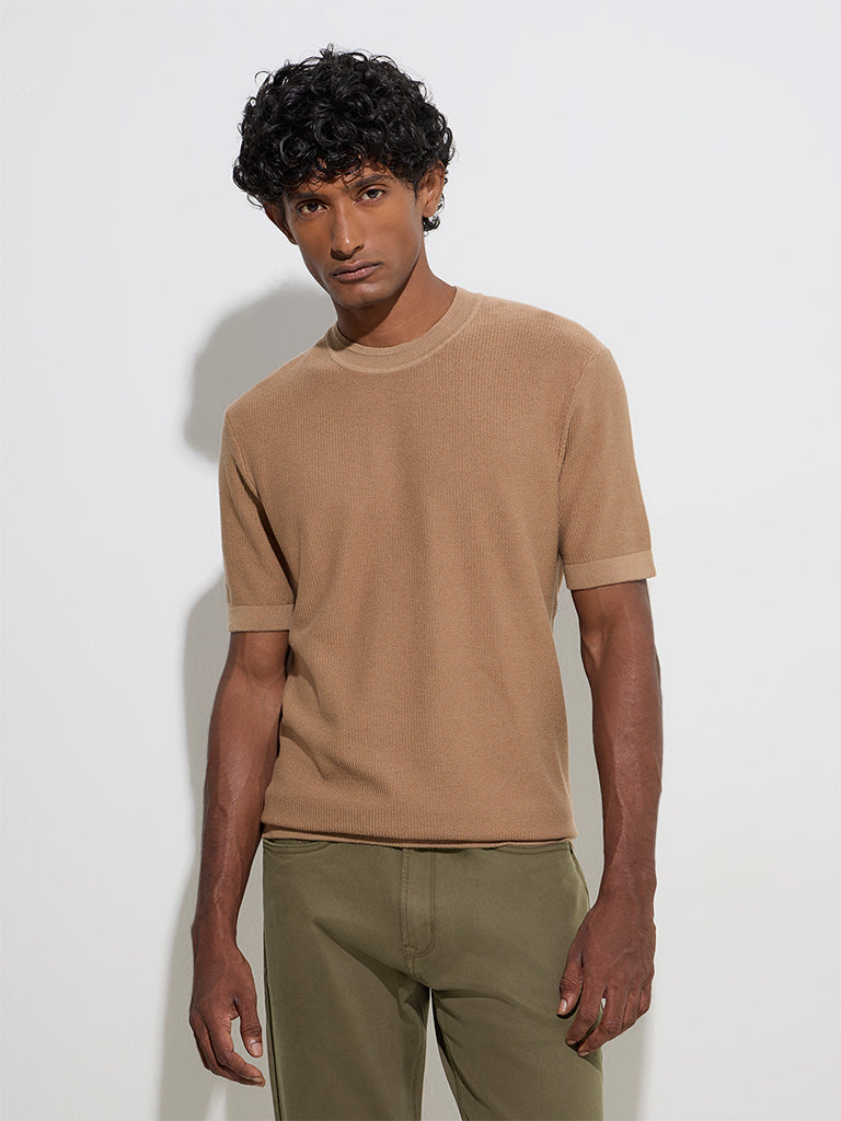 Ascot Brown Knit-Textured Relaxed-Fit Cotton Blend T-Shirt