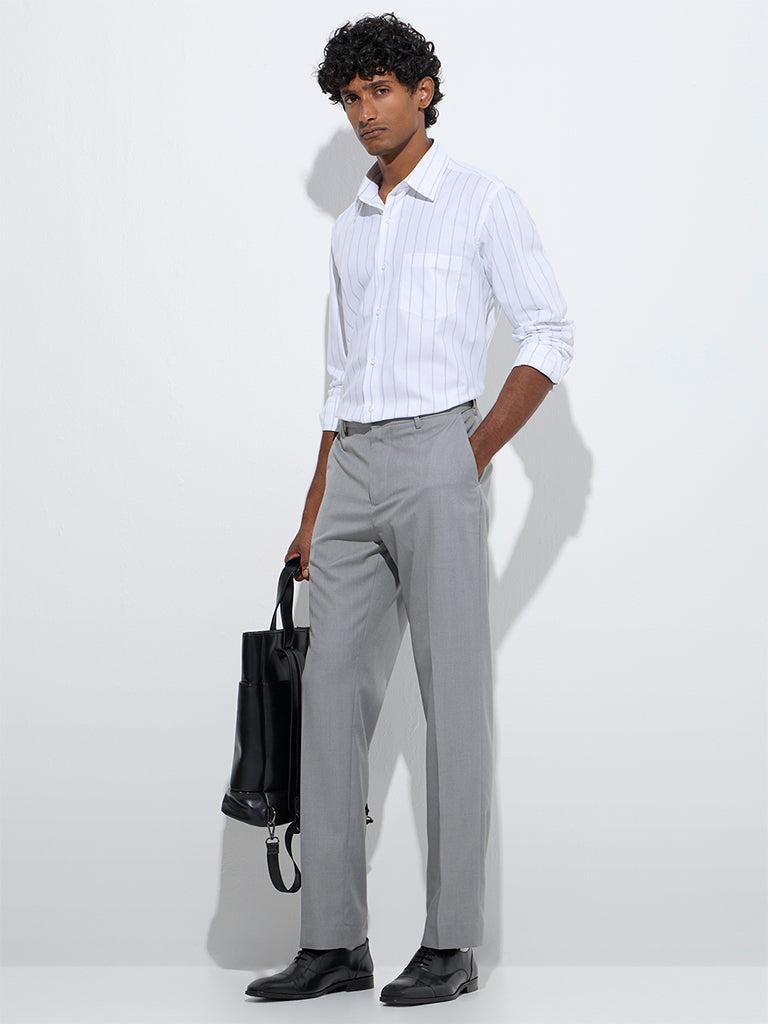 Westside WES Formals Men's White Striped Relaxed-Fit Cotton Shirt for Work Wear Full Model View