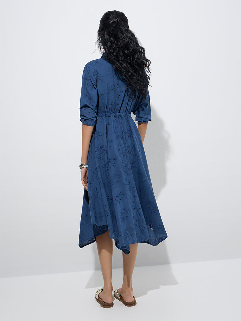 westisde Bombay Paisley Women's Blue Leaf Pattern Cotton Asymmetric Dress for Everyday Back View