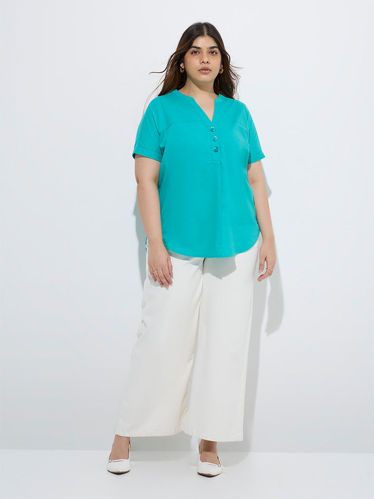 westisde Gia Women's Aqua Solid Cotton Blouse for Casual Wear Full Model View