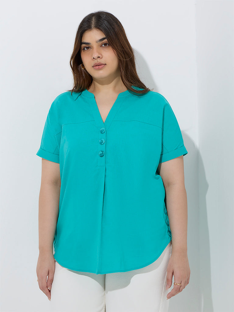 westisde Gia Women's Aqua Solid Cotton Blouse for Casual Wear Front View