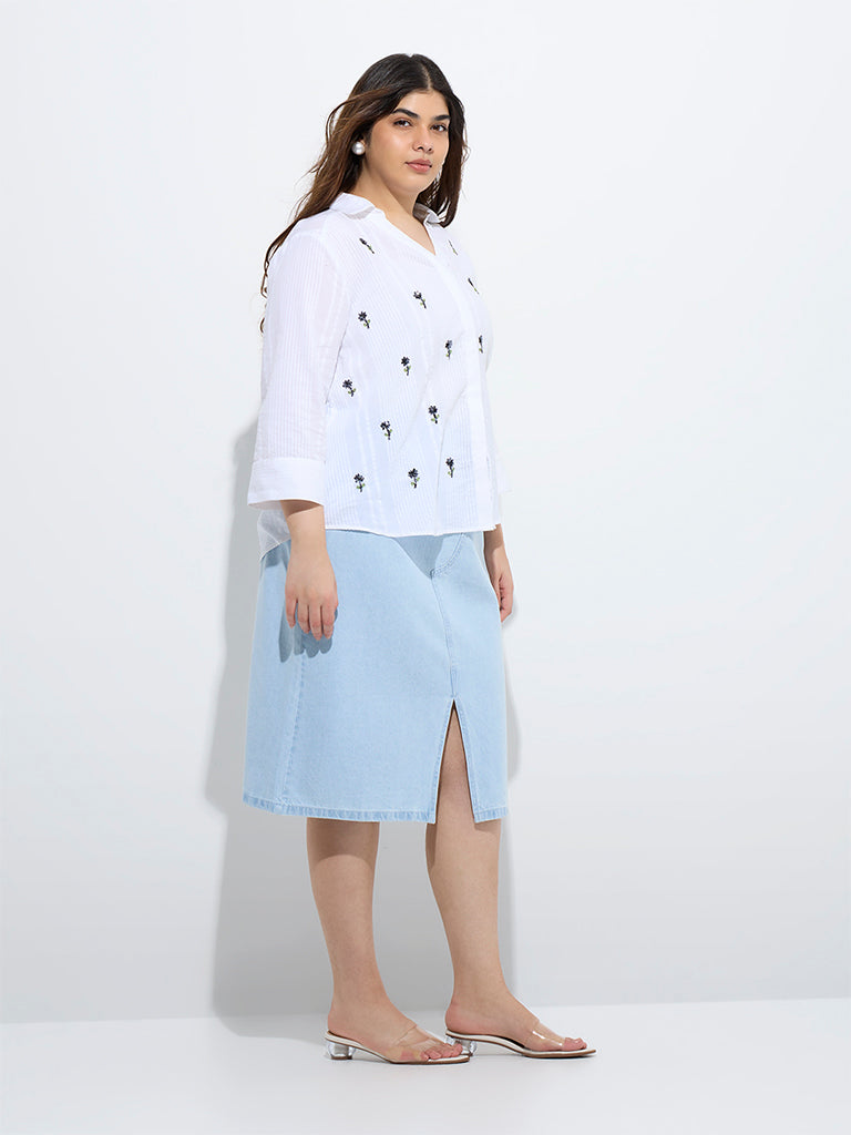 westisde Gia Women's White Floral Embellished Cotton Blouse for Casual Wear Full Model View