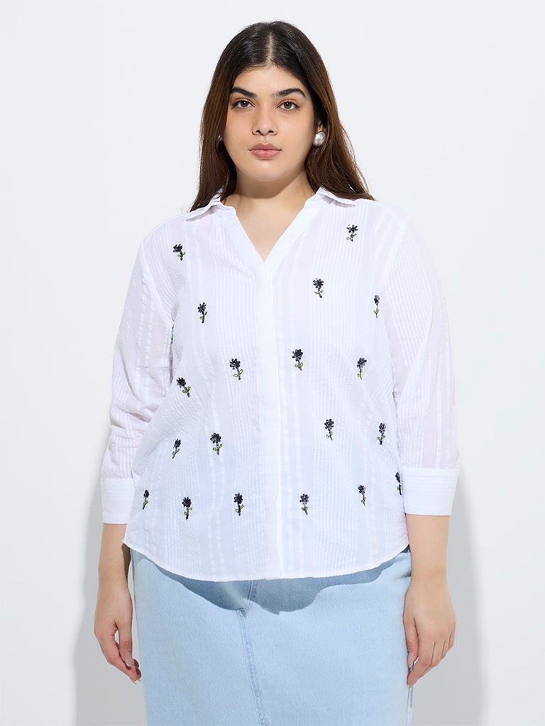 westisde Gia Women's White Floral Embellished Cotton Blouse for Casual Wear Front View