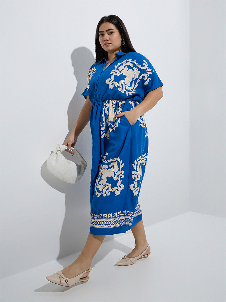 Westside Gia Women's Blue Printed A-Line Dress for Casual Wear Full Model View
