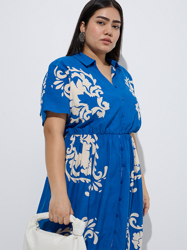 Westside Gia Women's Blue Printed A-Line Dress for Casual Wear Front View