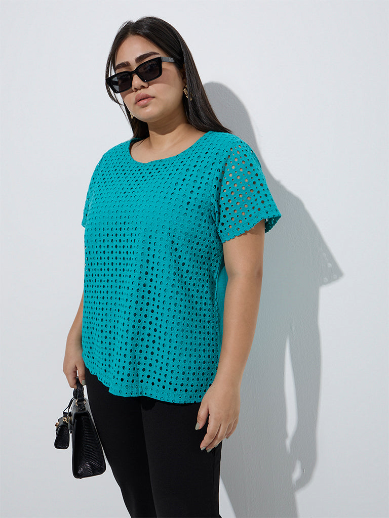 westisde Gia Women's Aqua Cut-Out Detailed Cotton T-Shirt for Casual Wear Front View