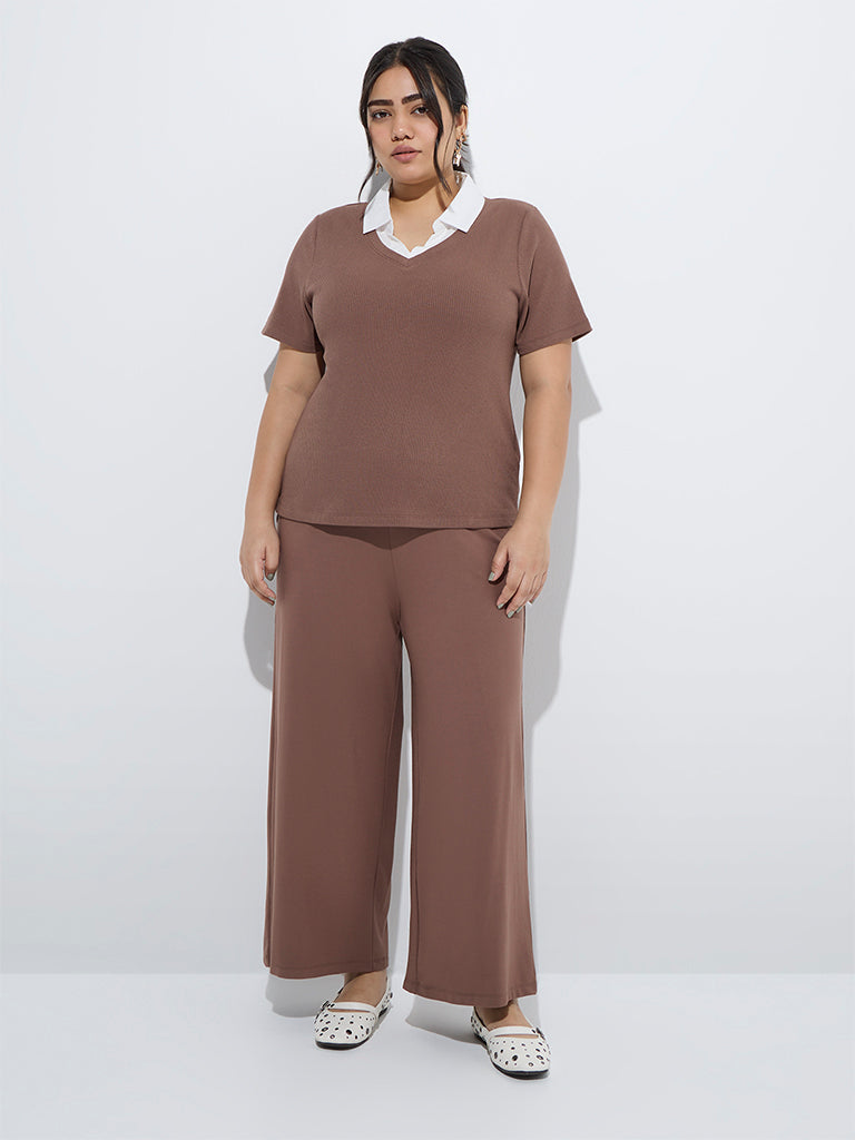 Gia Brown Ribbed-Textured T-Shirt