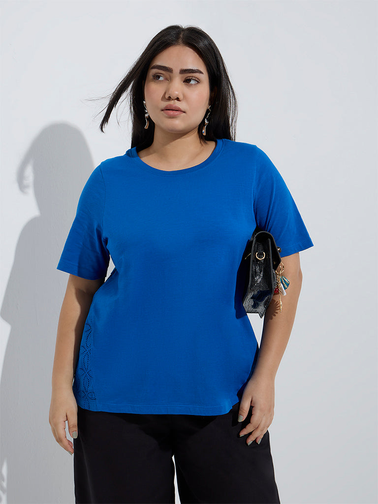 Gia Blue Schiffli Detailed Cotton T-Shirt