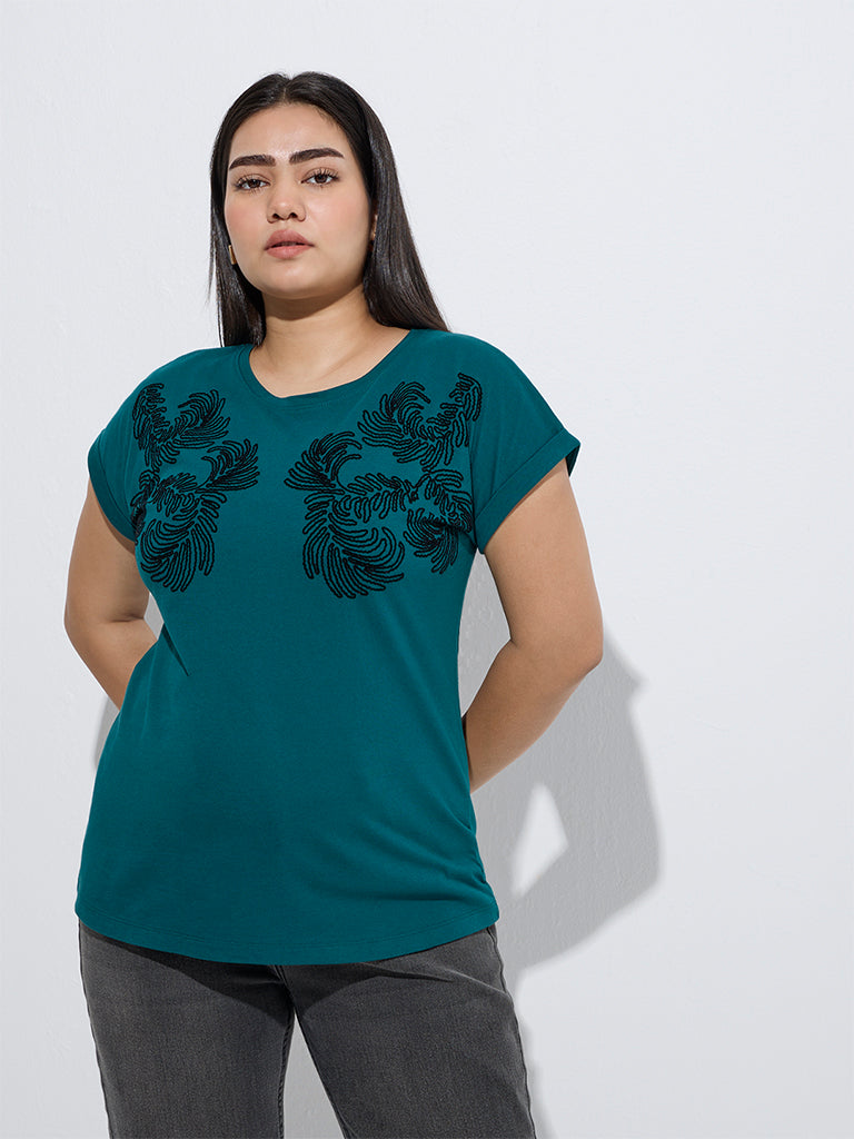 Gia Teal Leaf Design Cotton T-Shirt