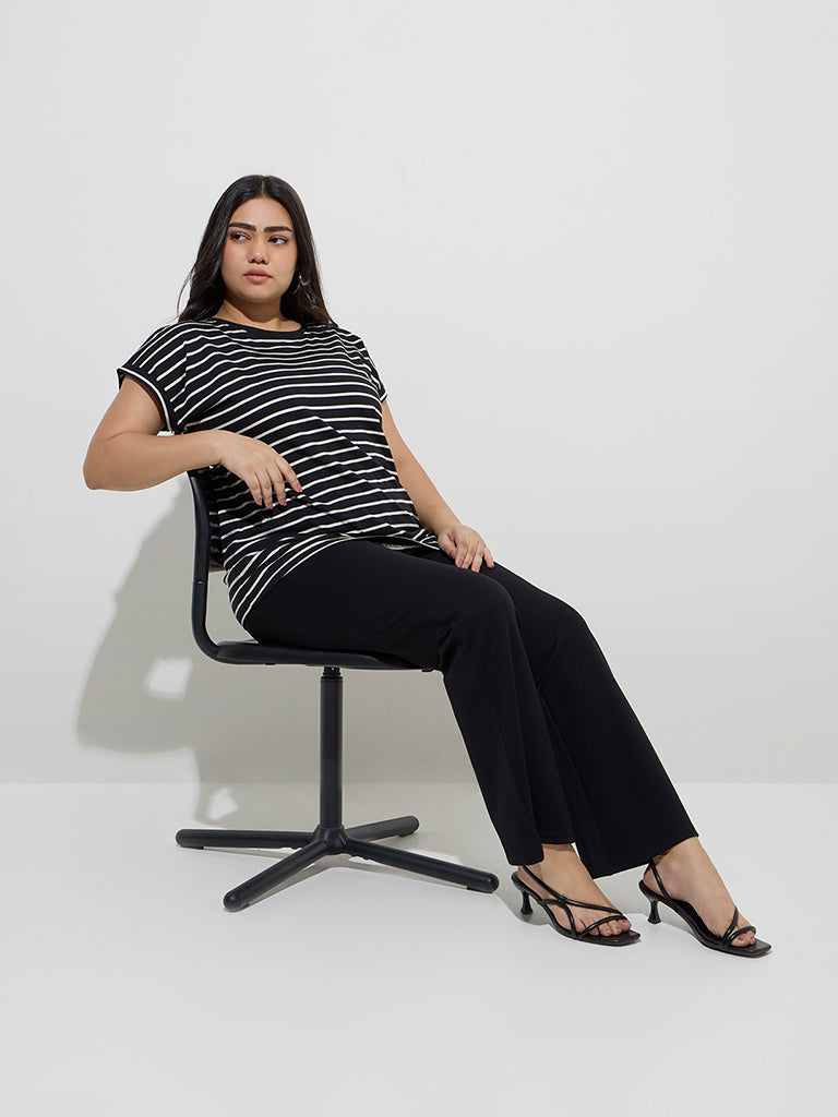 westisde Gia Women's Black Stripe Printed Cotton T-Shirt for Casual Wear Full Model View