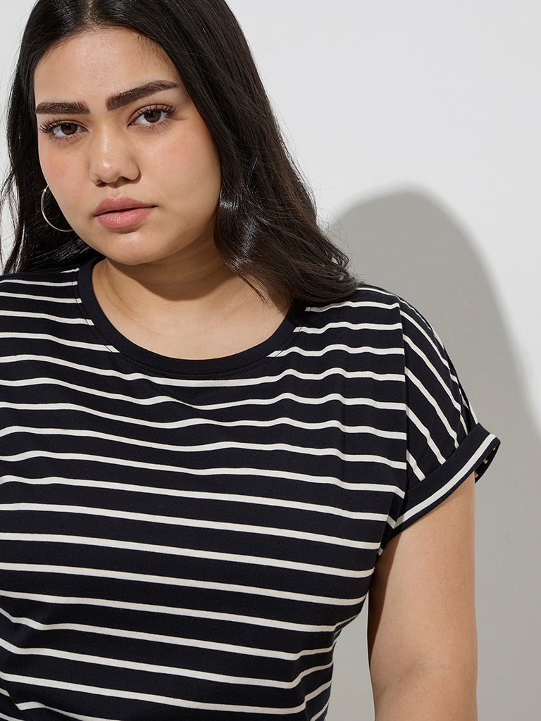 westisde Gia Women's Black Stripe Printed Cotton T-Shirt for Casual Wear Zoom View