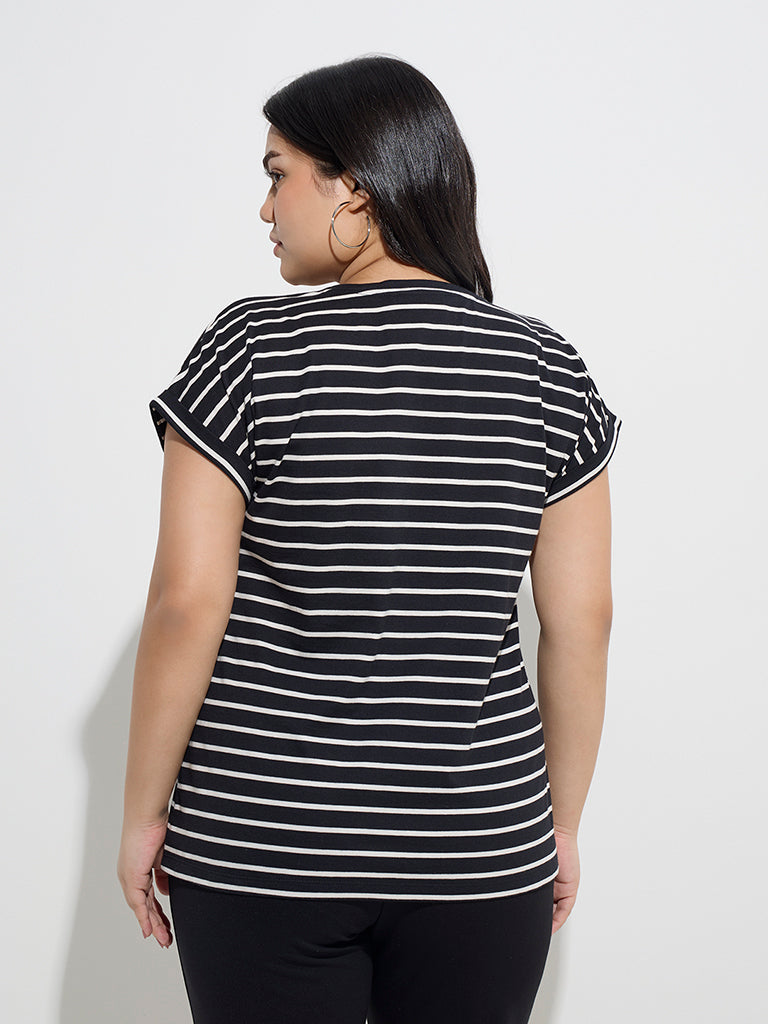 westisde Gia Women's Black Stripe Printed Cotton T-Shirt for Casual Wear Back View