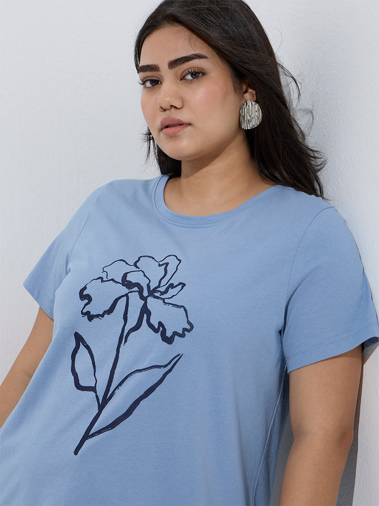 Gia Light Blue Floral Printed Cotton T-Shirt