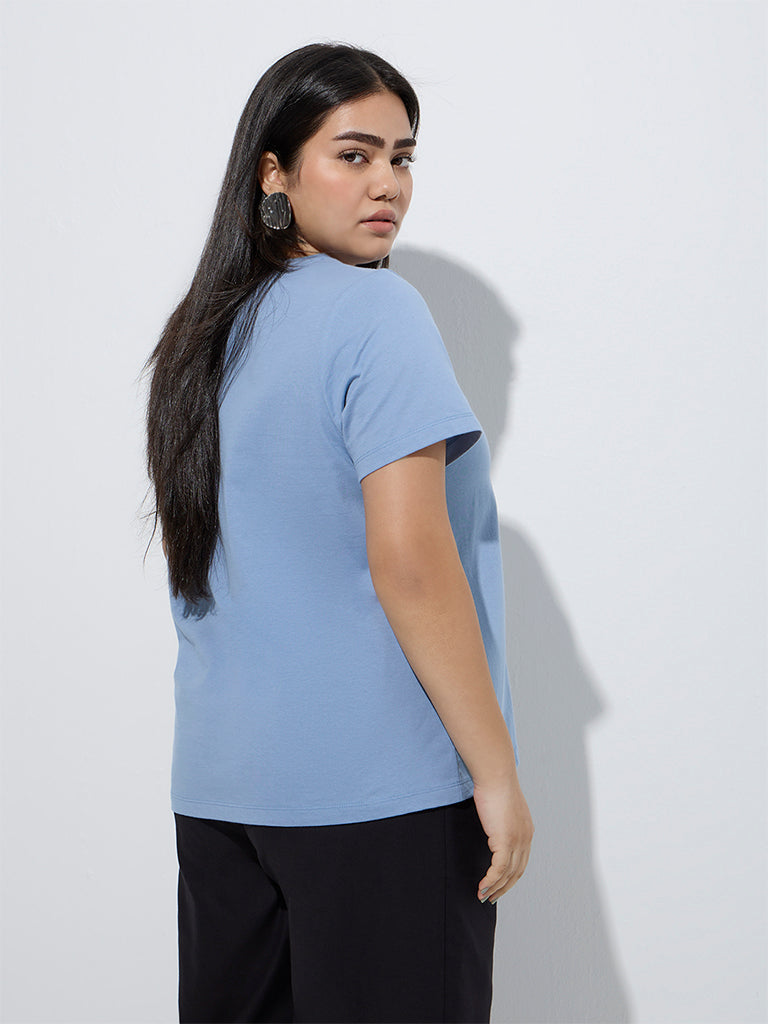 Gia Light Blue Floral Printed Cotton T-Shirt