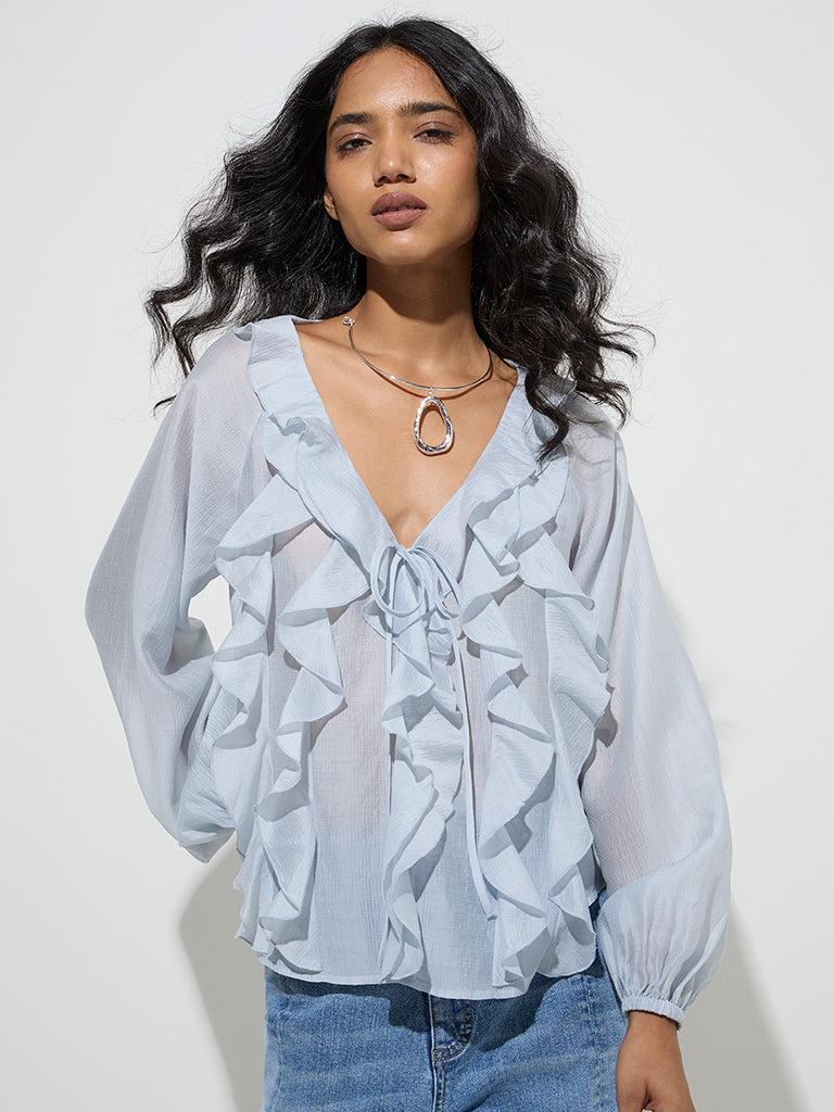 Buy LOV Light Blue Ruffle Detailed Cotton-Blend Top from Westside