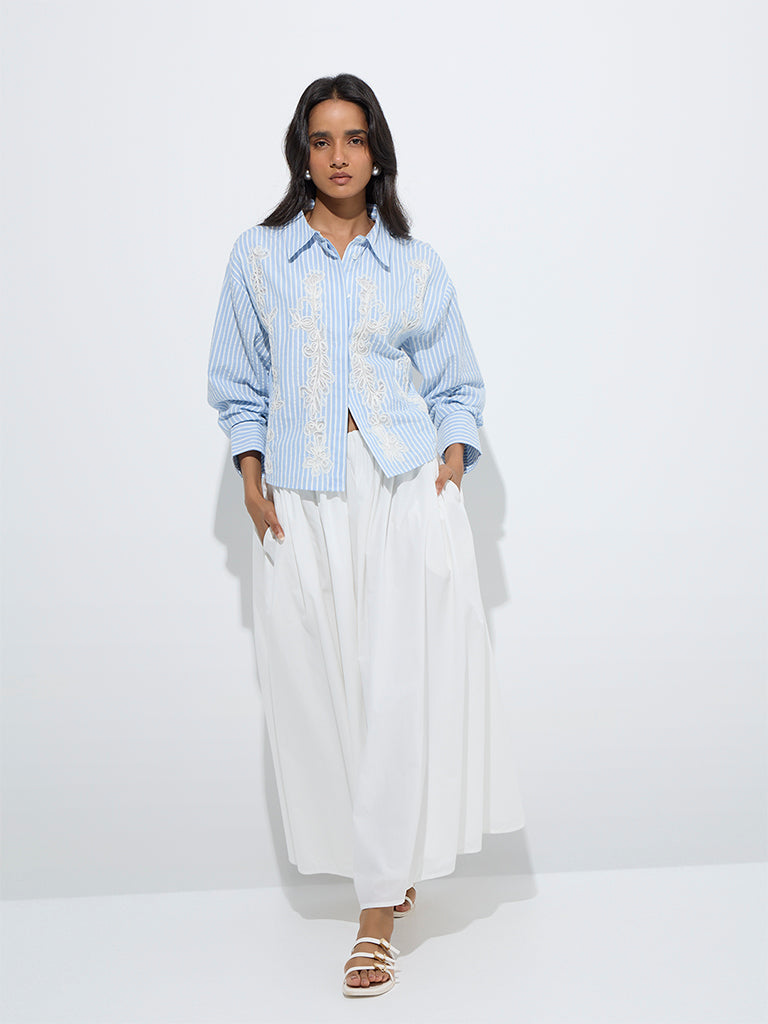 westisde LOV Women's Blue Striped Floral Laced Cotton Shirt for Casual Wear Full Model View