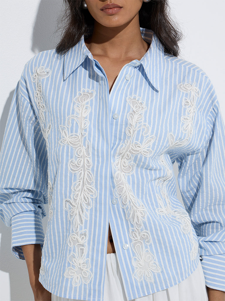 westisde LOV Women's Blue Striped Floral Laced Cotton Shirt for Casual Wear Zoom View