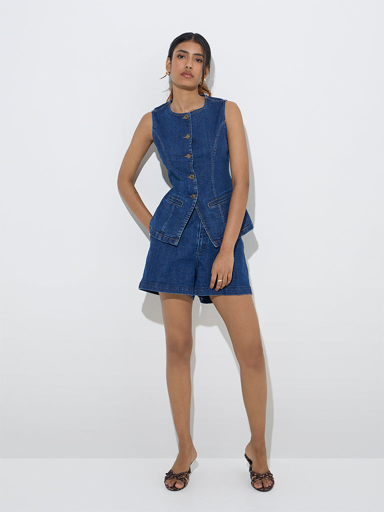 LOV Dark Blue Waist-Coat Style Denim Top
