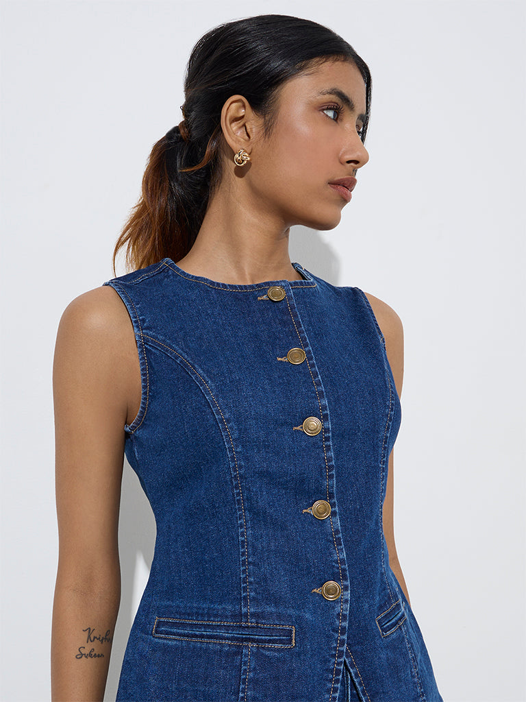 LOV Dark Blue Waist-Coat Style Denim Top