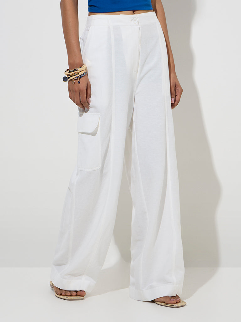 LOV White Solid High-Rise Linen-Blend Trousers