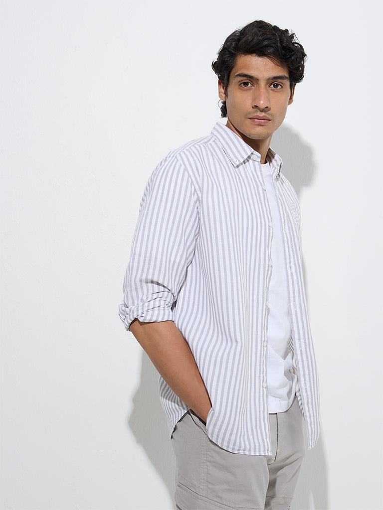 Westside WES Casuals Men's Grey Striped Relaxed-Fit Cotton-Blend Shirt for Casual Wear Front View