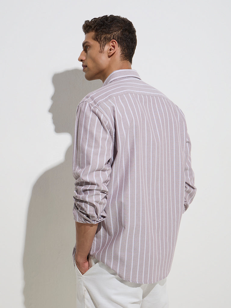 Westside WES Casuals Men's Light Mauve Striped Relaxed-Fit Cotton Shirt for Casual Wear Back View