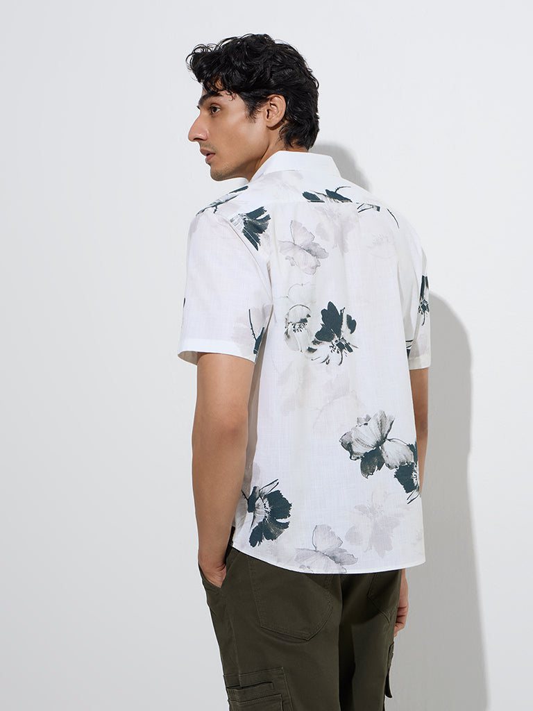 Westside WES Casuals Men's Light Grey Floral Relaxed-Fit Cotton Shirt for Casual Wear Back View