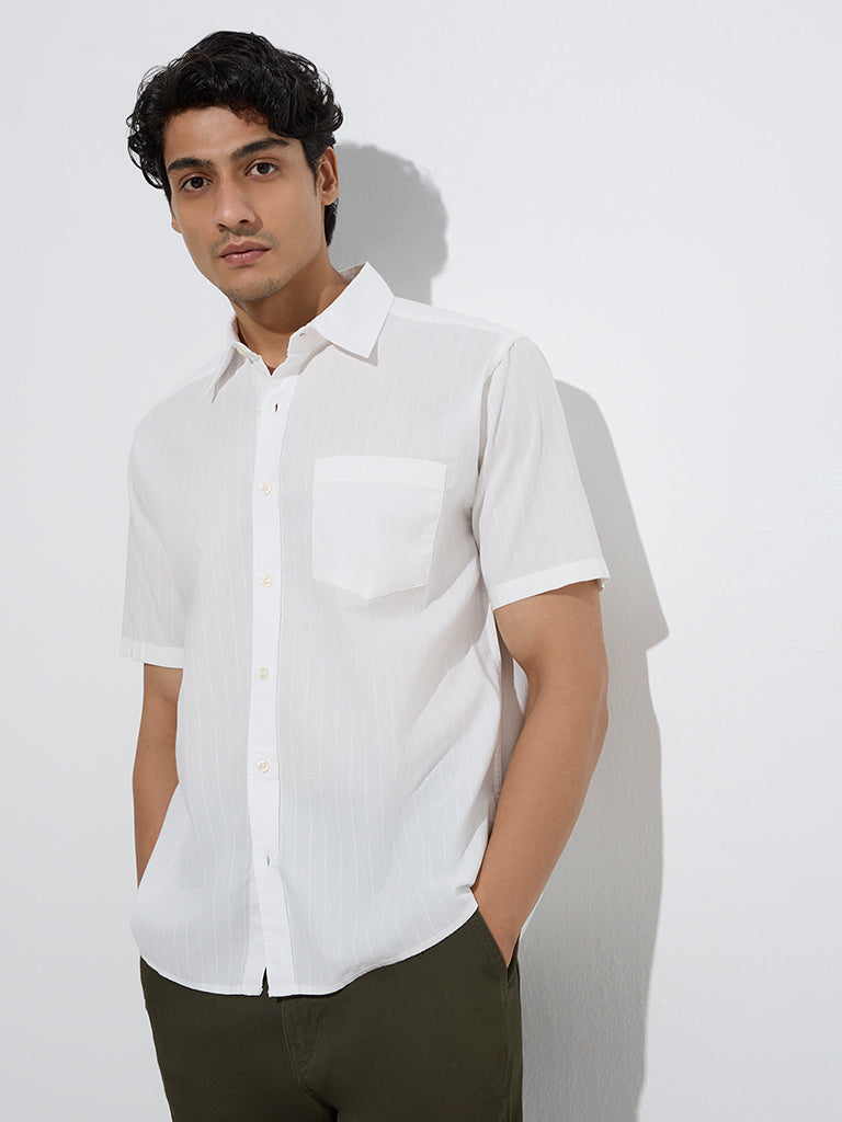 Westside WES Casuals Men's Off-White Self Relaxed-Fit Cotton Shirt for Casual Wear Front  View