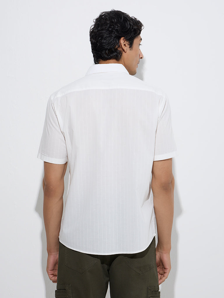 Westside WES Casuals Men's Off-White Self Relaxed-Fit Cotton Shirt for Casual Wear Back View