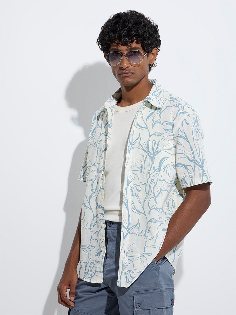 WES Casuals Blue Foliage-Inspired Relaxed-Fit Cotton Shirt