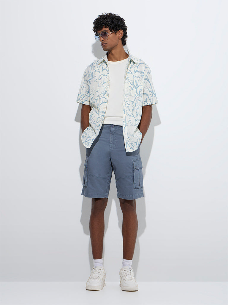 WES Casuals Blue Foliage-Inspired Relaxed-Fit Cotton Shirt