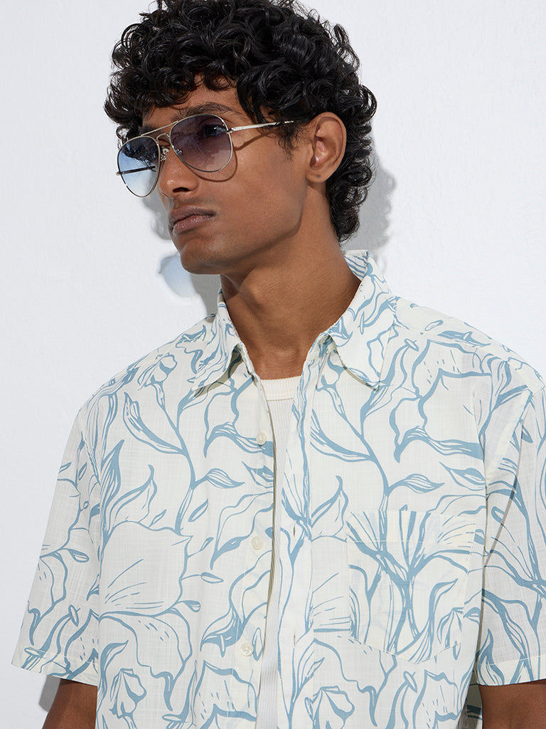 WES Casuals Blue Foliage-Inspired Relaxed-Fit Cotton Shirt