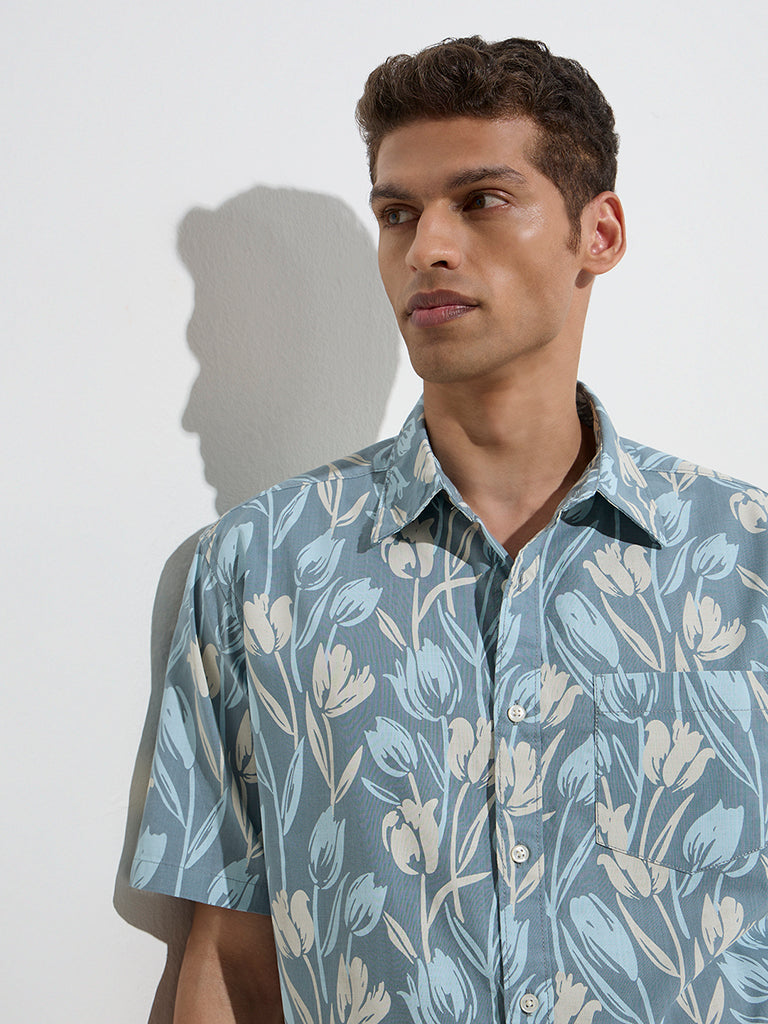 WES Casuals Teal Floral Pattern Relaxed-Fit Cotton Shirt