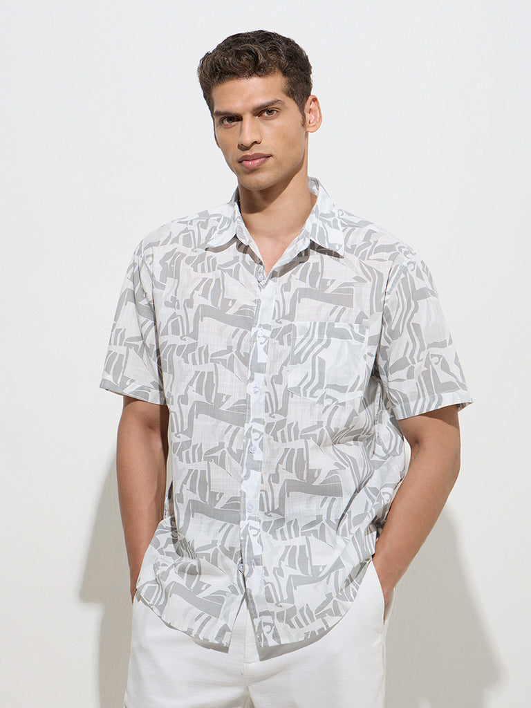WES Casuals Grey Abstract Design Relaxed-Fit Cotton Shirt