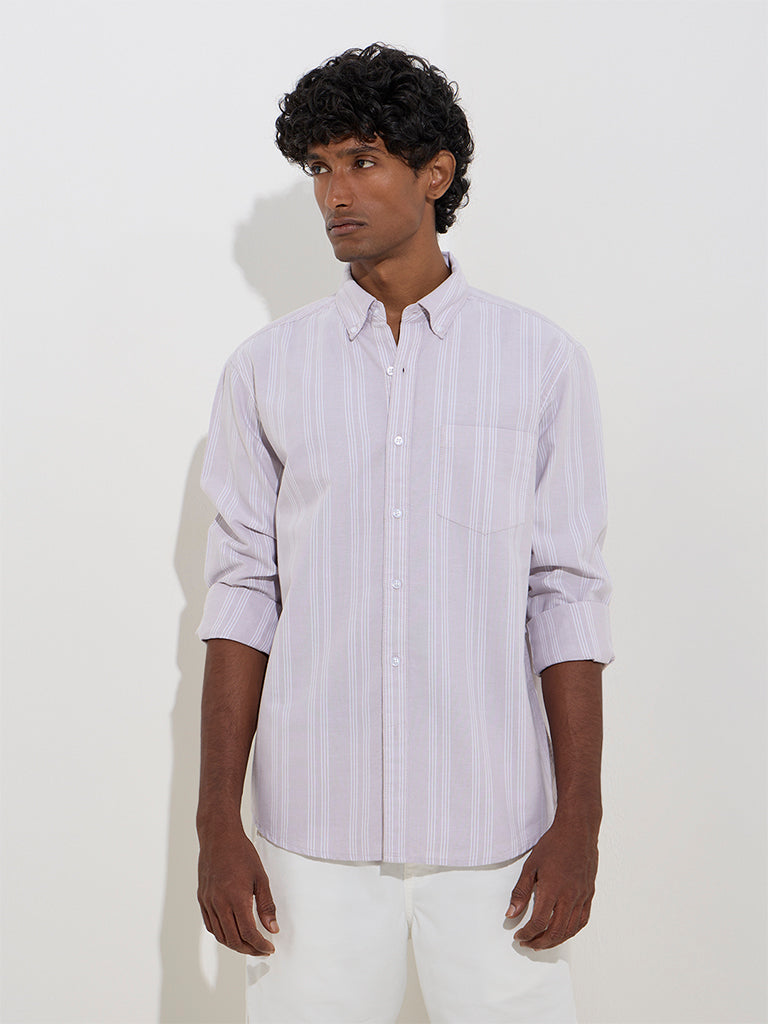 WES Casuals Lilac Stripe Printed Relaxed-Fit Cotton Shirt