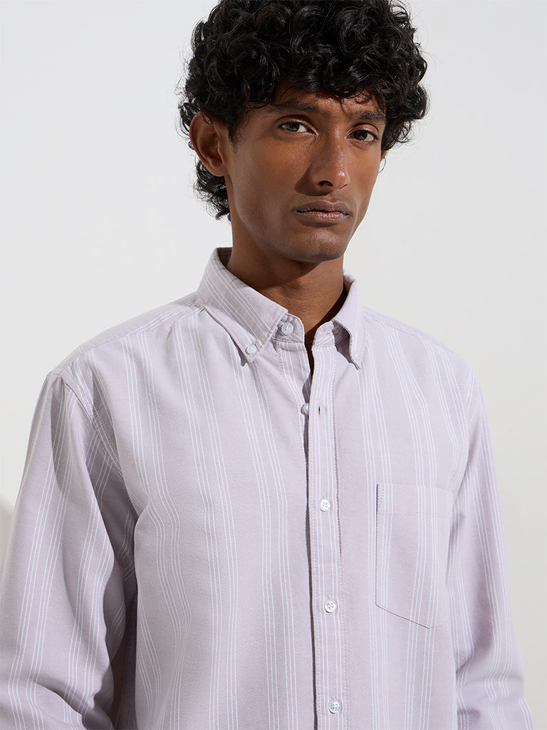WES Casuals Lilac Stripe Printed Relaxed-Fit Cotton Shirt