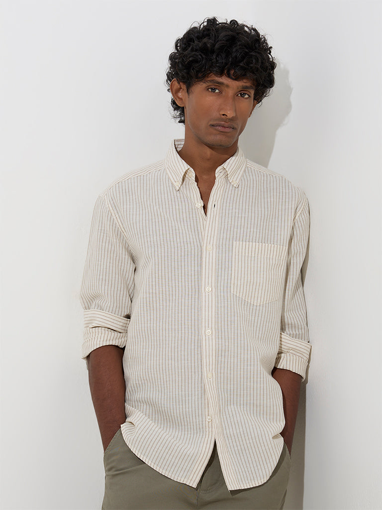 westisde WES Casuals Men's Beige Striped Relaxed-Fit Cotton Shirt for Casual Wear Front View