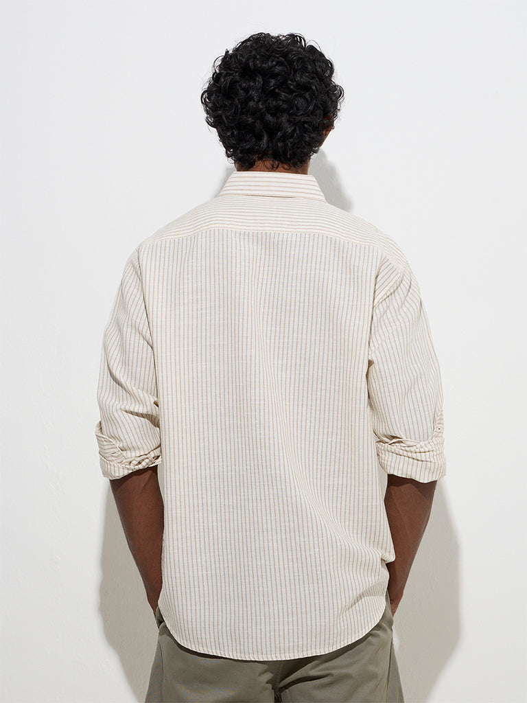 westisde WES Casuals Men's Beige Striped Relaxed-Fit Cotton Shirt for Casual Wear Back View