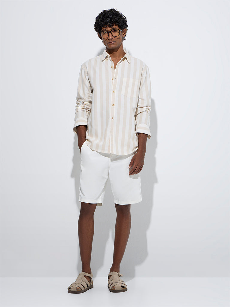 WES Casuals Beige Striped Relaxed-Fit Cotton Shirt