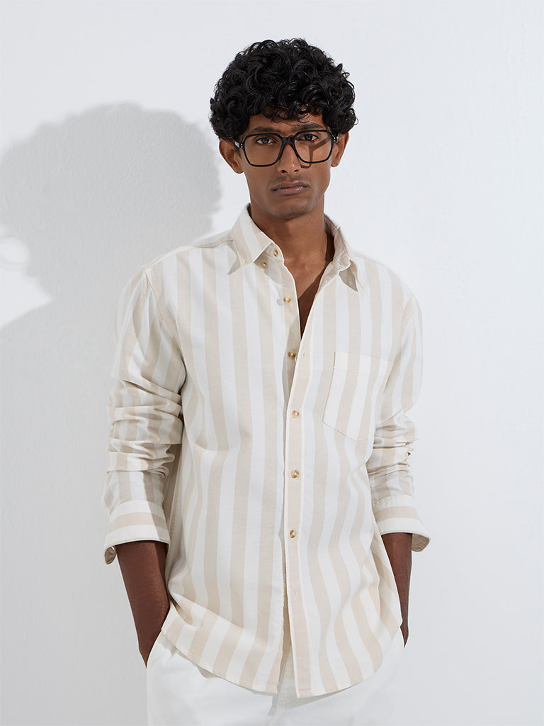 WES Casuals Beige Striped Relaxed-Fit Cotton Shirt